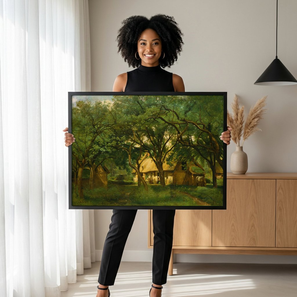 Quadro Decorativo Campo e Chalés - Corot com modelo em ambiente
