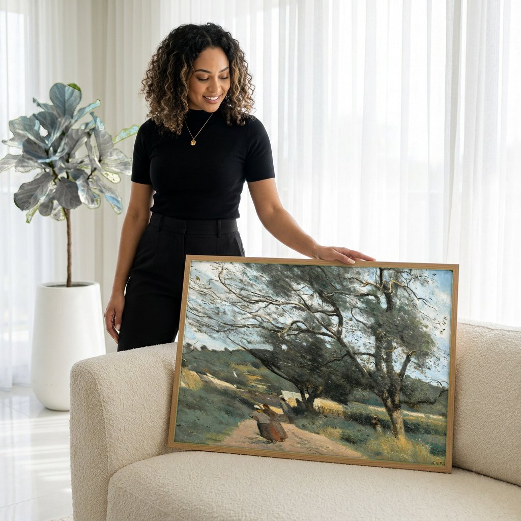 Quadro Decorativo Paisagem Rural - Corot com modelo em ambiente