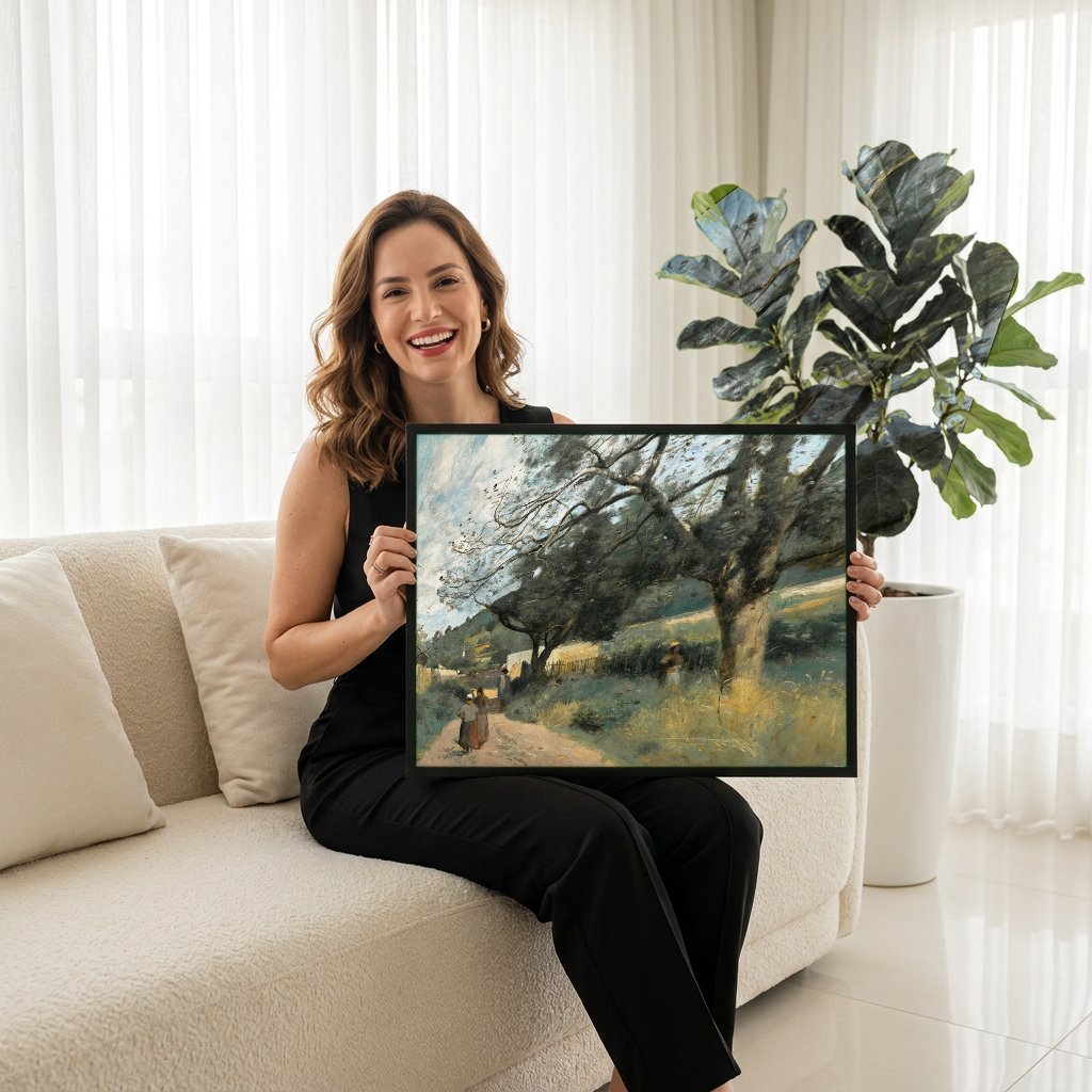 Quadro Decorativo Paisagem Rural - Corot com modelo em ambiente