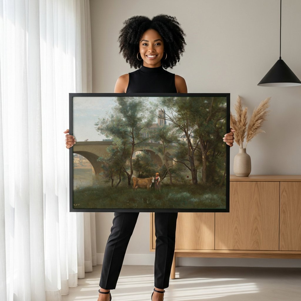 Quadro Decorativo A Ponte de Narni - Corot com modelo em ambiente