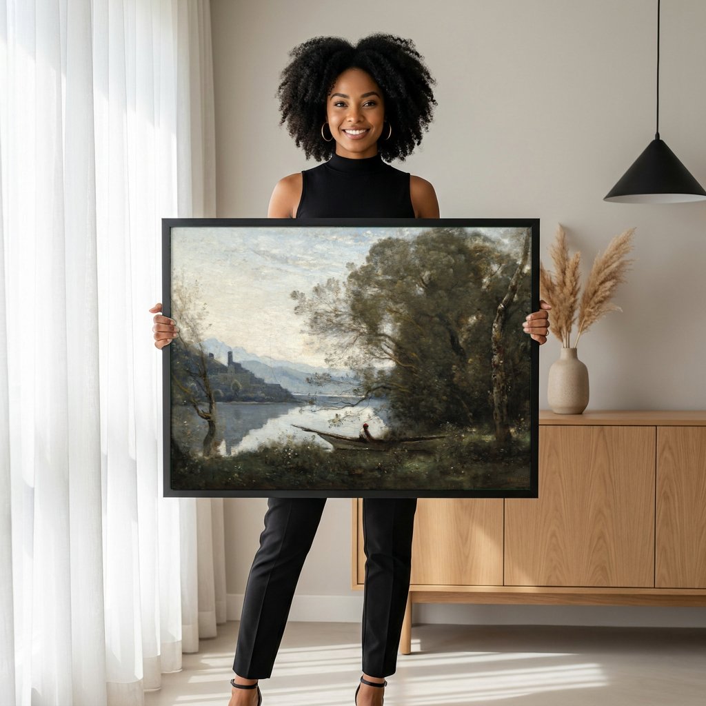Quadro Decorativo A Barca - Corot com modelo em ambiente