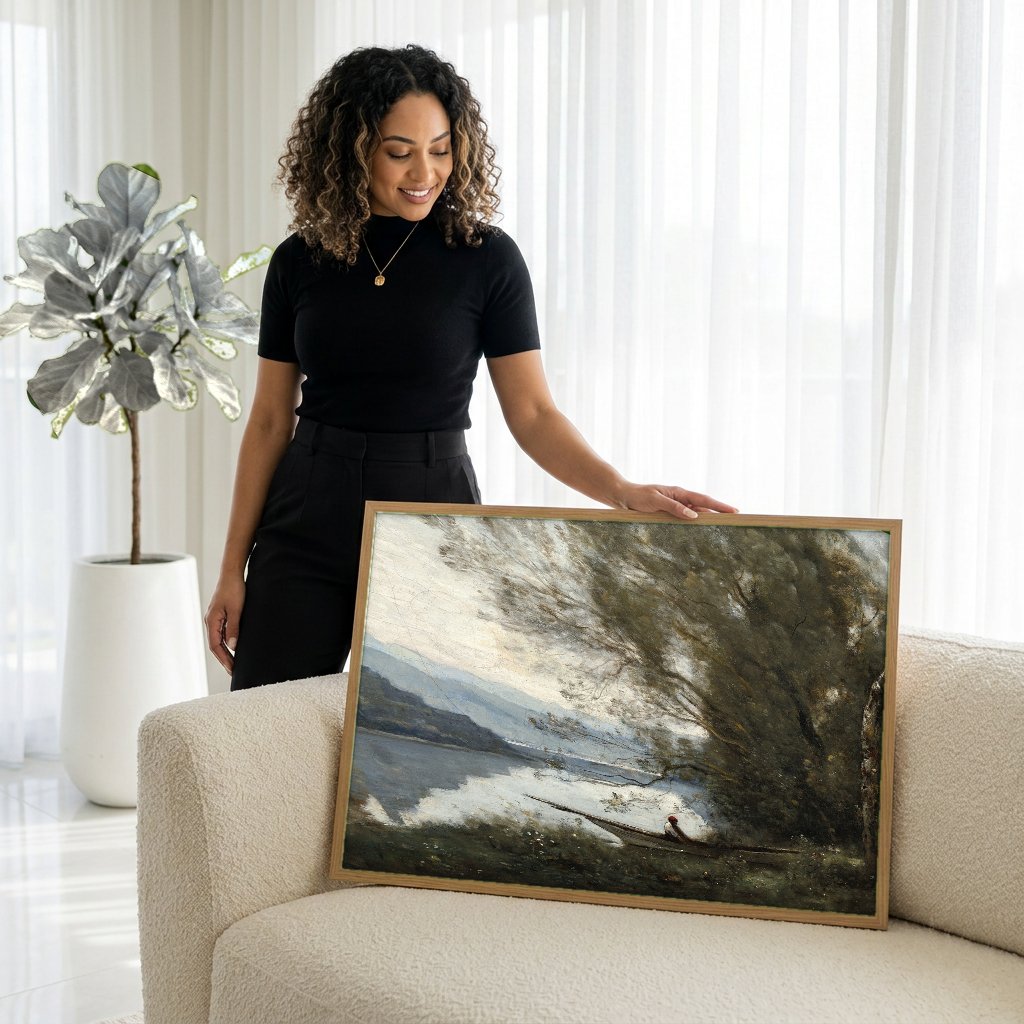 Quadro Decorativo A Barca - Corot com modelo em ambiente