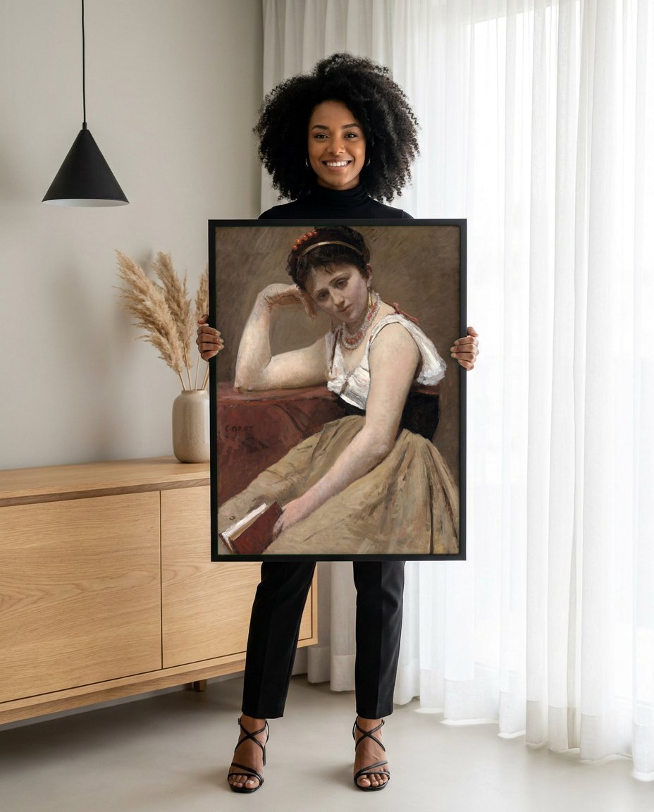 Quadro Decorativo A Leitora - Corot com modelo em ambiente