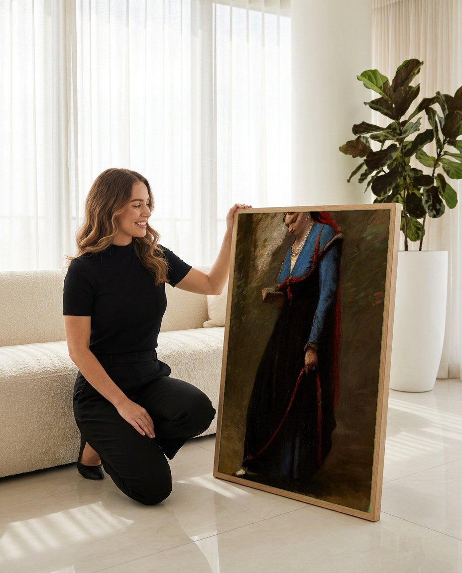 Quadro Decorativo A Leitora - Corot com modelo em ambiente