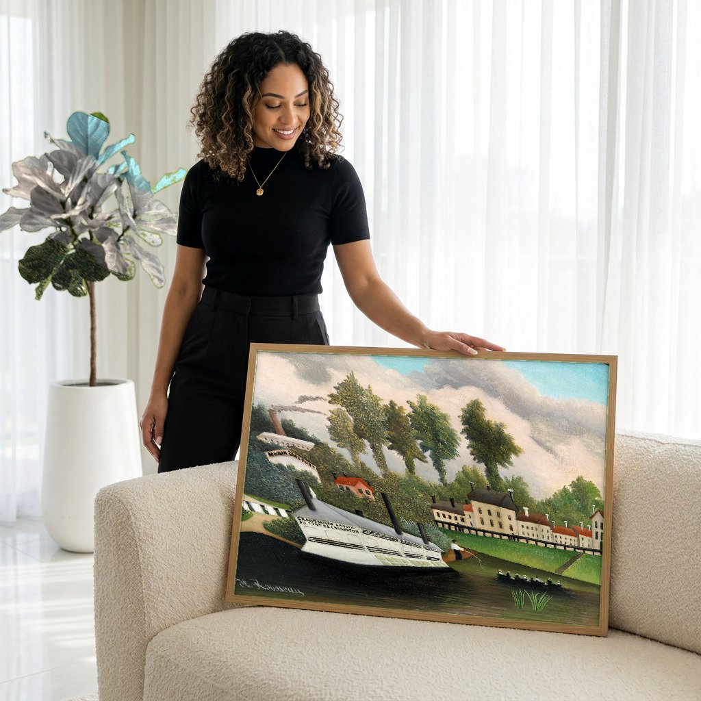 Quadro Decorativo A Lavanderia - Henri Rousseau com modelo em ambiente