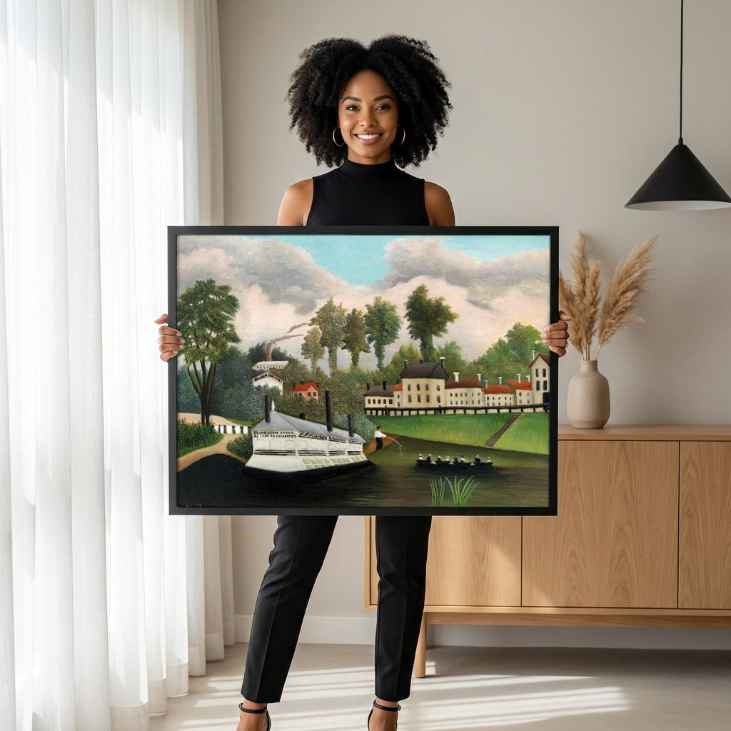 Quadro Decorativo A Lavanderia - Henri Rousseau com modelo em ambiente