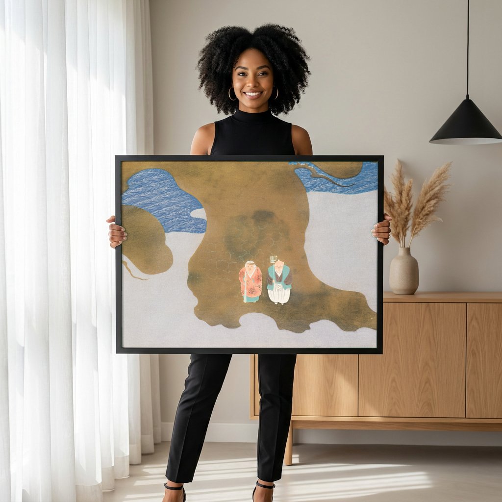 Quadro Decorativo Deuses da Fortuna (Provável) - Kamisaka Sekka com modelo em ambiente