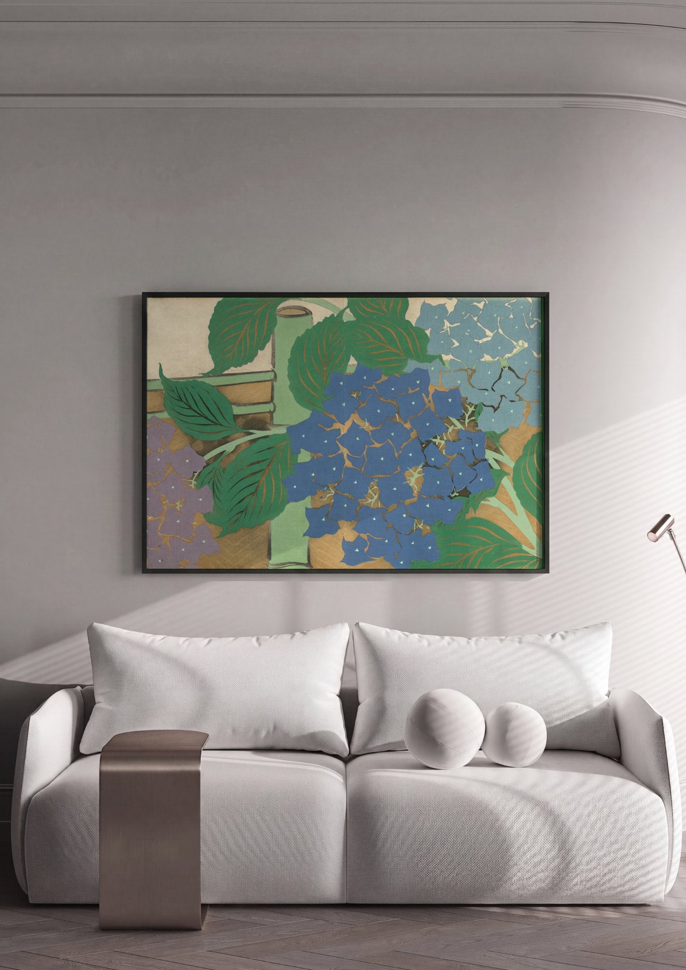 Quadro Decorativo Hortênsias Azuis e Roxas - Kamisaka Sekka em ambiente decorado
