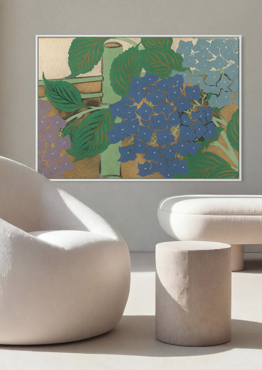 Quadro Decorativo Hortênsias Azuis e Roxas - Kamisaka Sekka em ambiente decorado