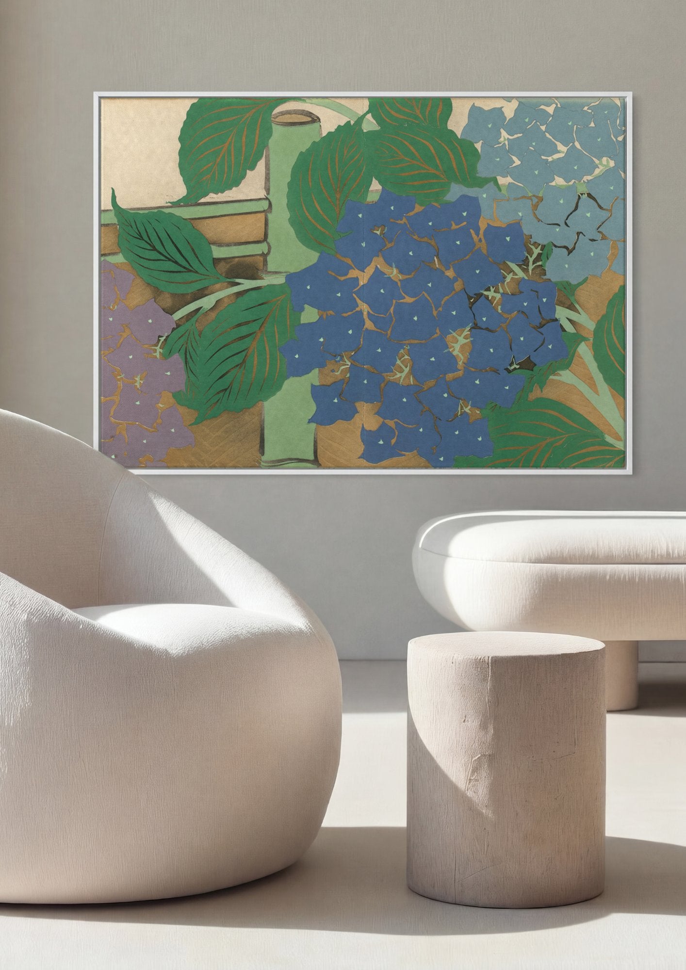 Quadro Decorativo Hortênsias Azuis e Roxas - Kamisaka Sekka em ambiente decorado