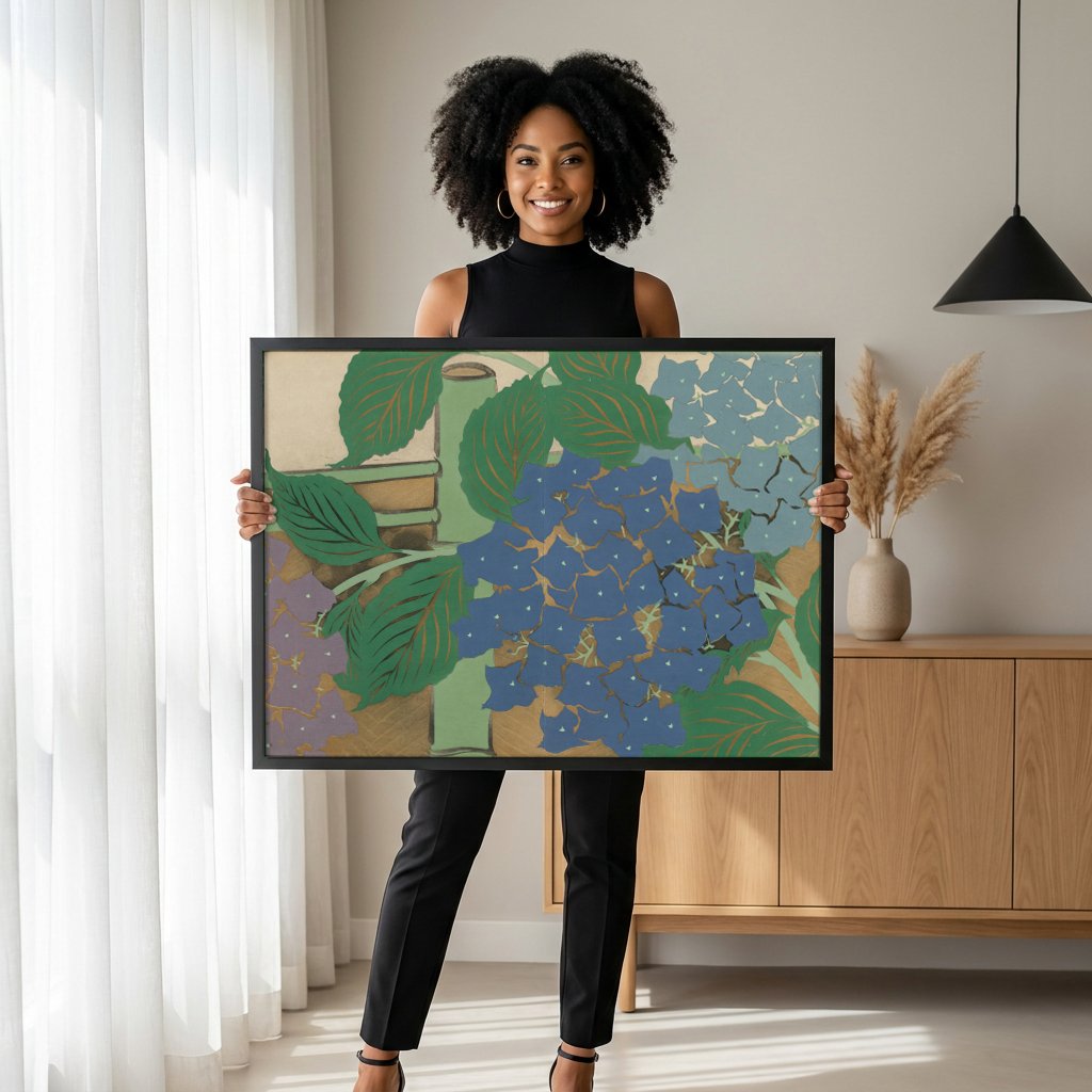 Quadro Decorativo Hortênsias Azuis e Roxas - Kamisaka Sekka com modelo em ambiente