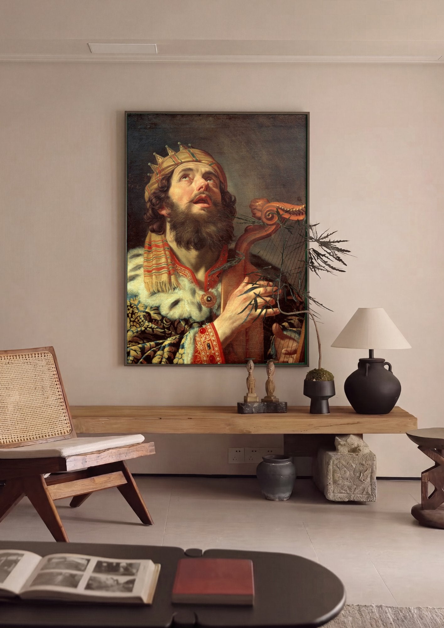 Quadro Decorativo 'Rei Davi Tocando Harpa' - Honthorst em ambiente decorado