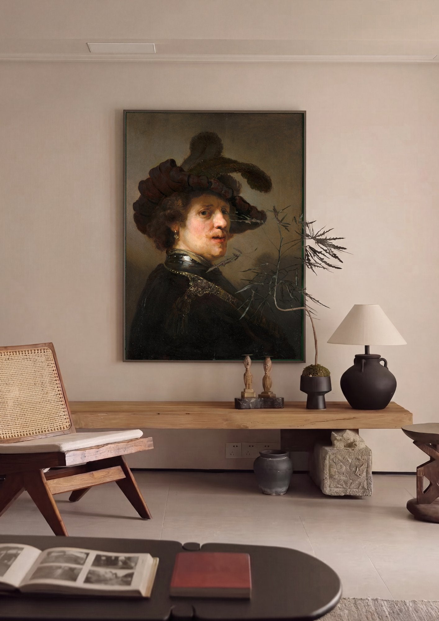 Quadro Decorativo Autorretrato com Barrete e Colar - Rembrandt em ambiente decorado