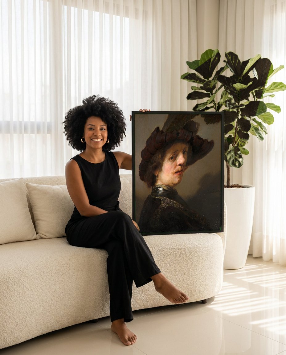 Quadro Decorativo Autorretrato com Barrete e Colar - Rembrandt com modelo em ambiente