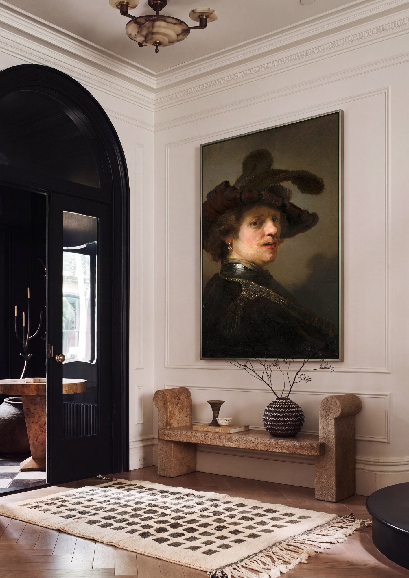 Quadro Decorativo Autorretrato com Barrete e Colar - Rembrandt em ambiente decorado