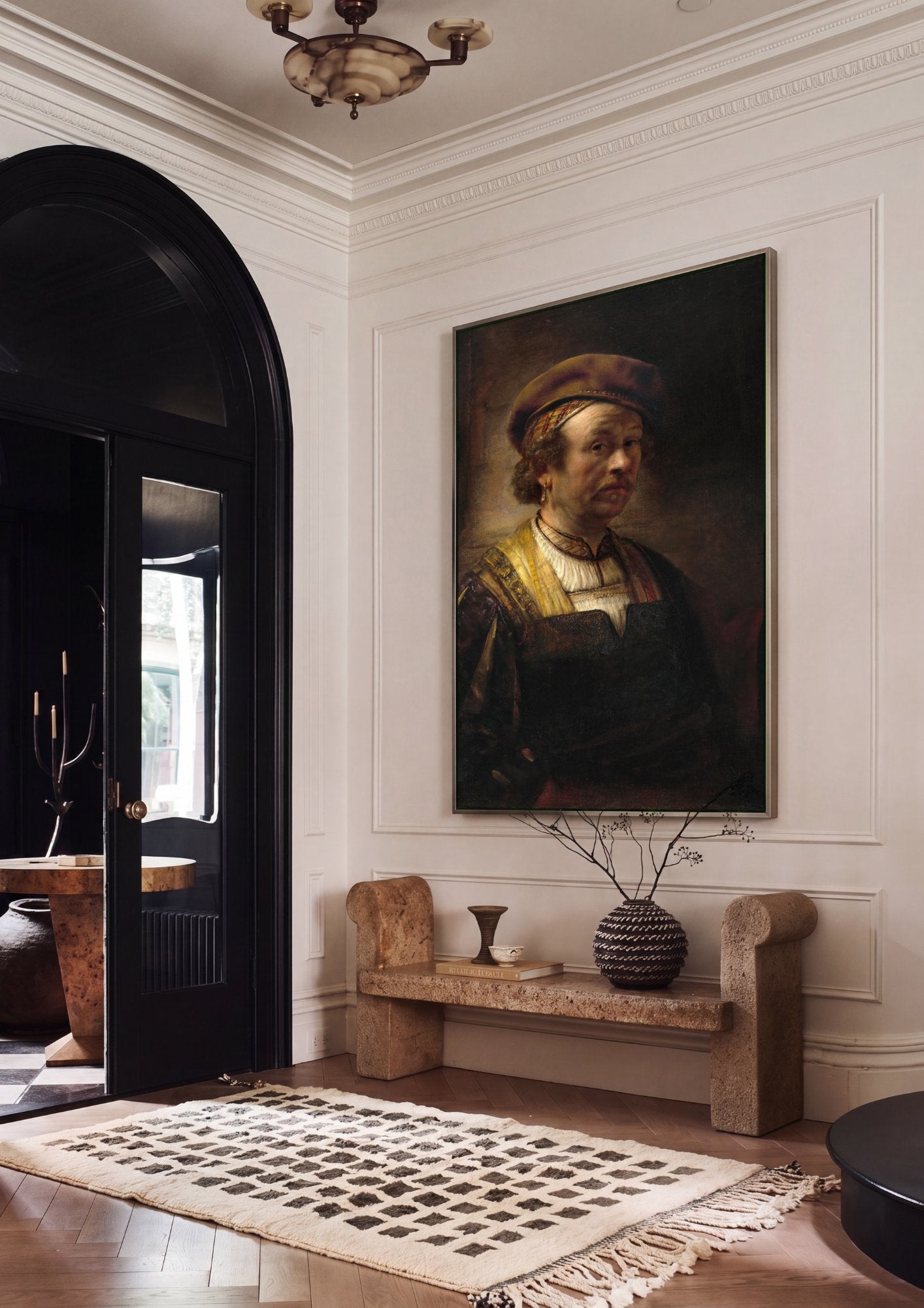 Quadro Decorativo Autorretrato com Barrete e Colar - Rembrandt em ambiente decorado