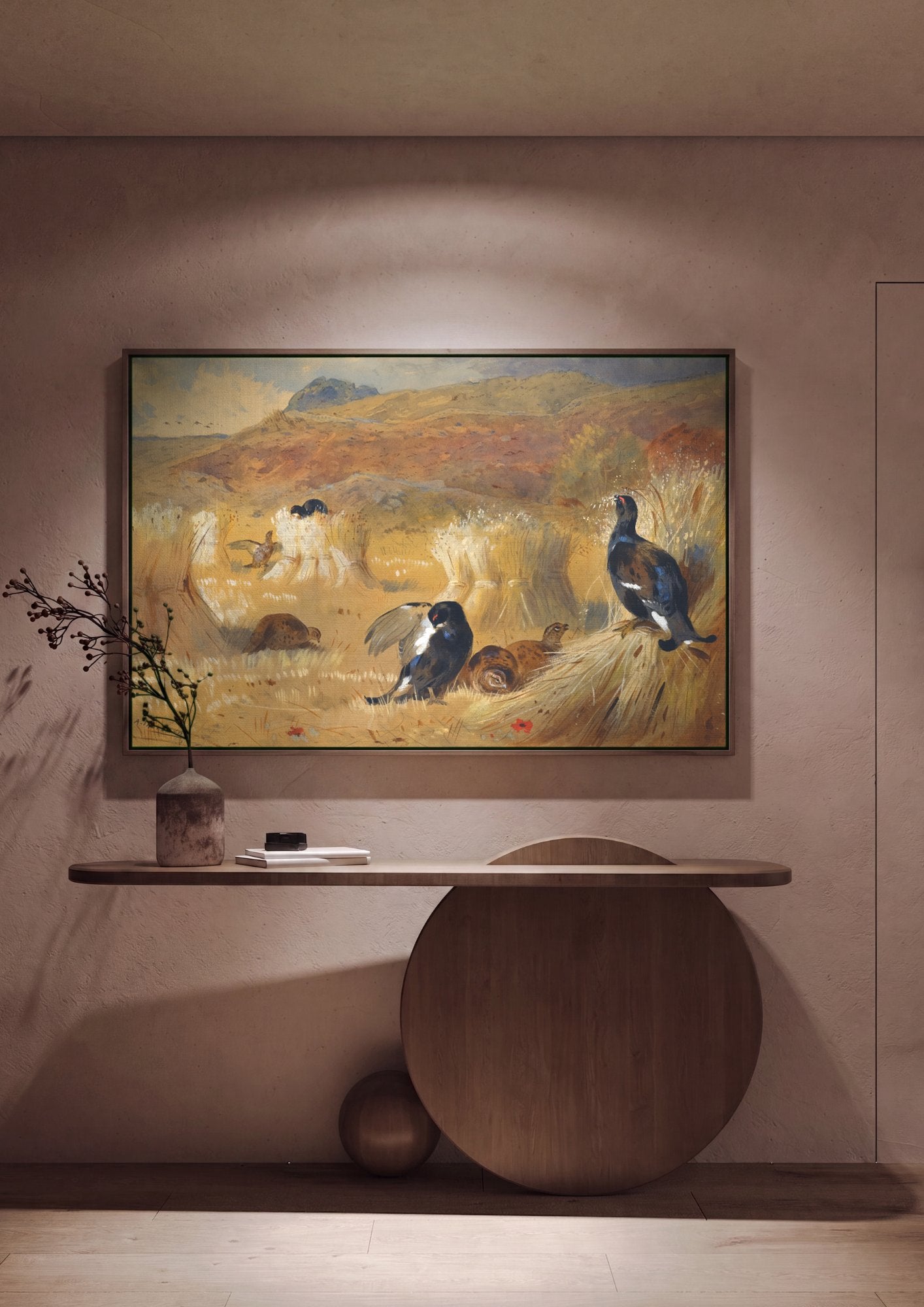 Quadro Decorativo Aves de Campo em Terreno de Colheita - Thorburn em ambiente decorado