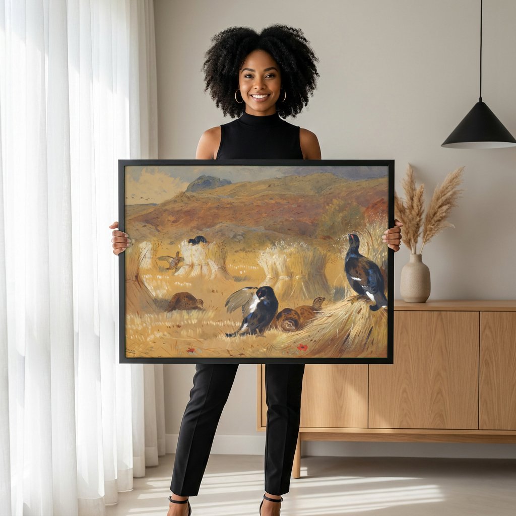 Quadro Decorativo Aves de Campo em Terreno de Colheita - Thorburn com modelo em ambiente