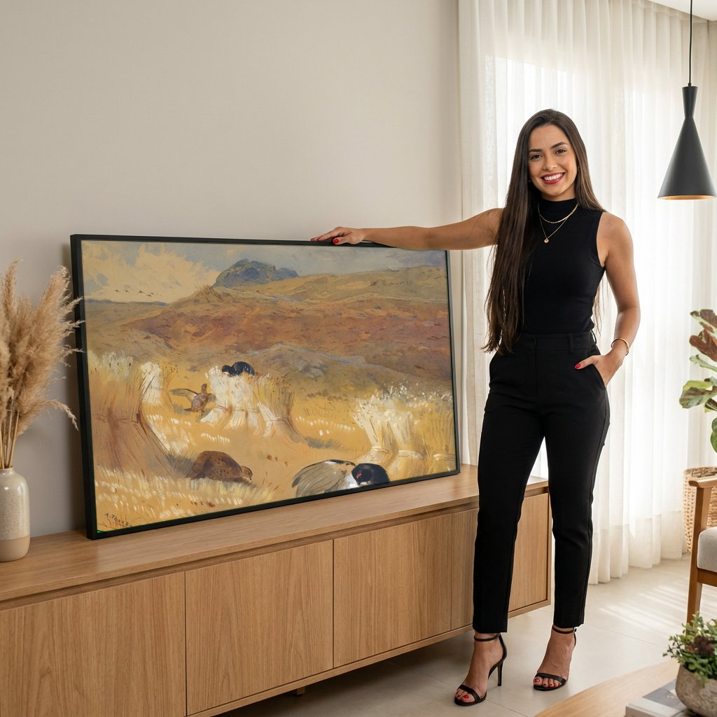 Quadro Decorativo Aves de Campo em Terreno de Colheita - Thorburn com modelo em ambiente