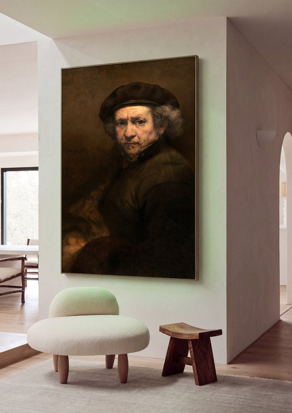 Quadro Decorativo Autorretrato com Barrete - Rembrandt em ambiente decorado