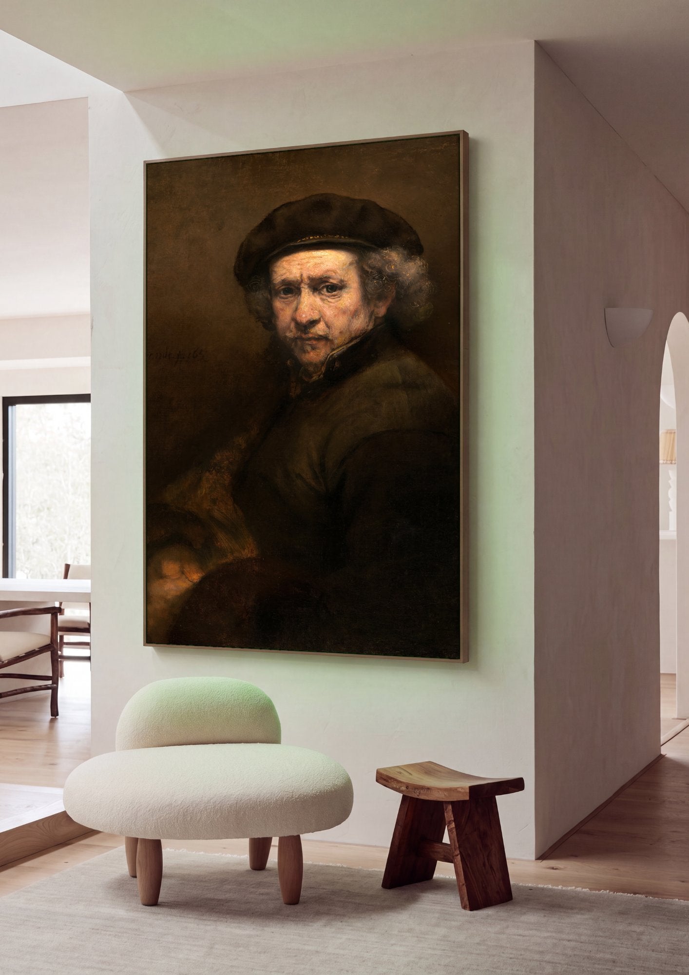 Quadro Decorativo Autorretrato com Barrete - Rembrandt em ambiente decorado