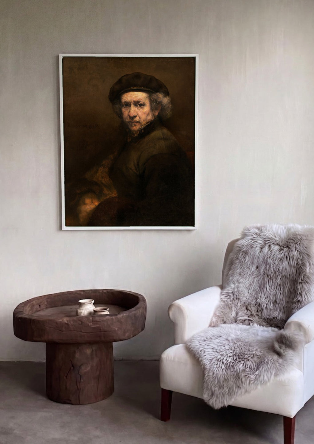 Quadro Decorativo Autorretrato com Barrete - Rembrandt em ambiente decorado