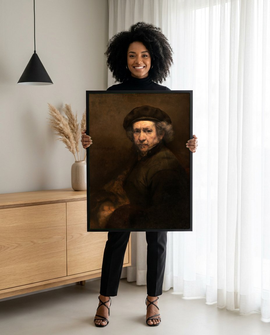 Quadro Decorativo Autorretrato com Barrete - Rembrandt com modelo em ambiente