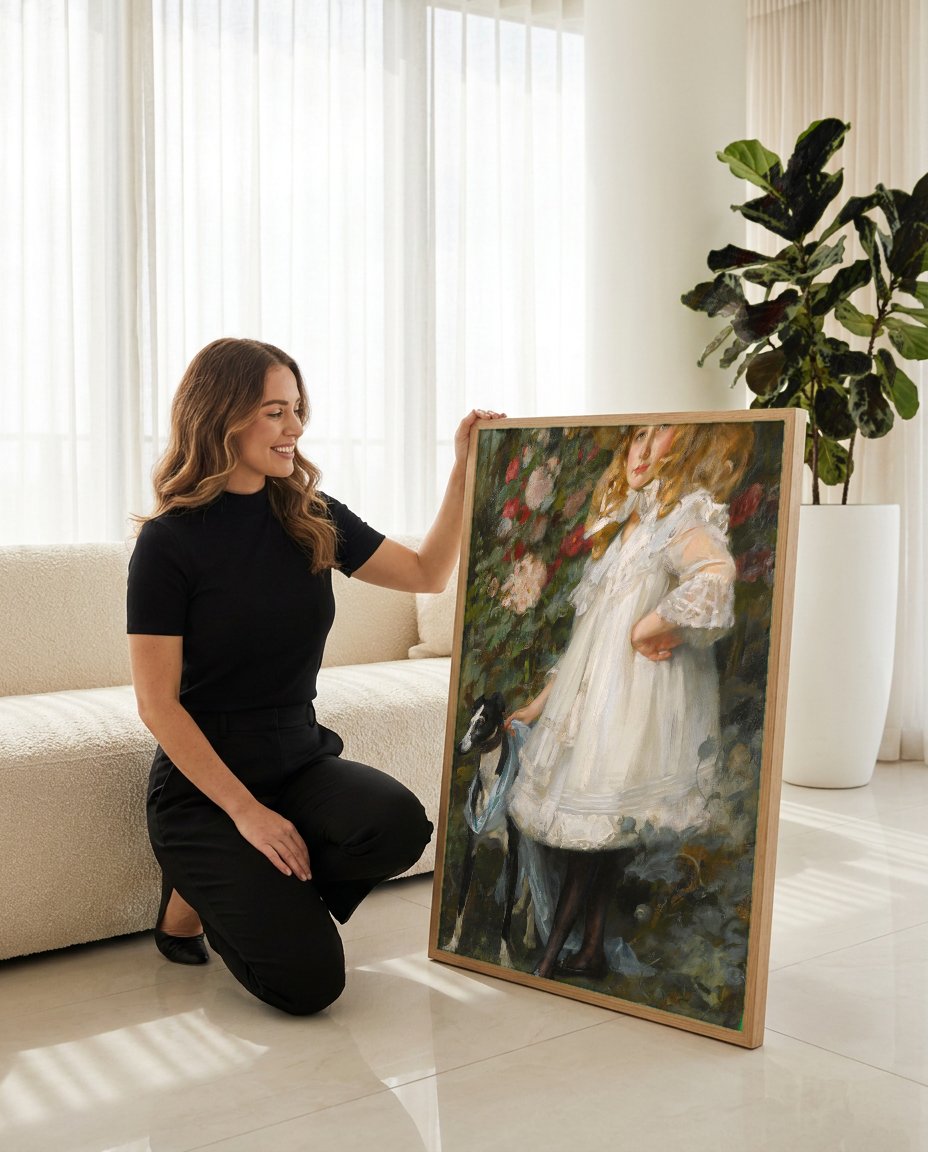 Quadro Decorativo A Menina com Cachorro - James Jebusa Shannon com modelo em ambiente