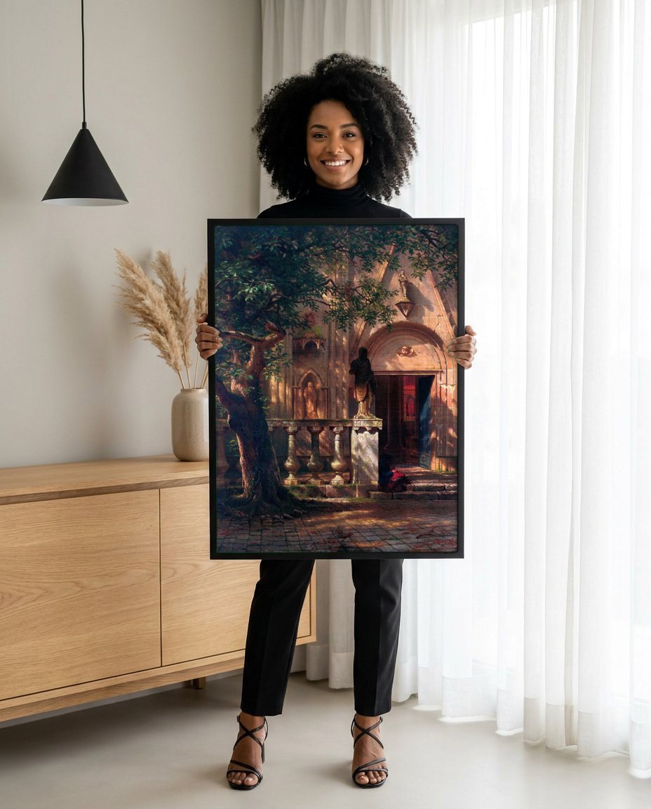 Quadro Decorativo A Igreja - Albert Bierstadt com modelo em ambiente