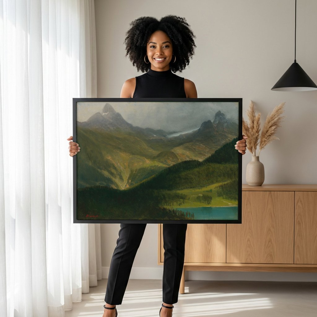 Quadro Decorativo Paisagem Alpina - Bierstadt com modelo em ambiente