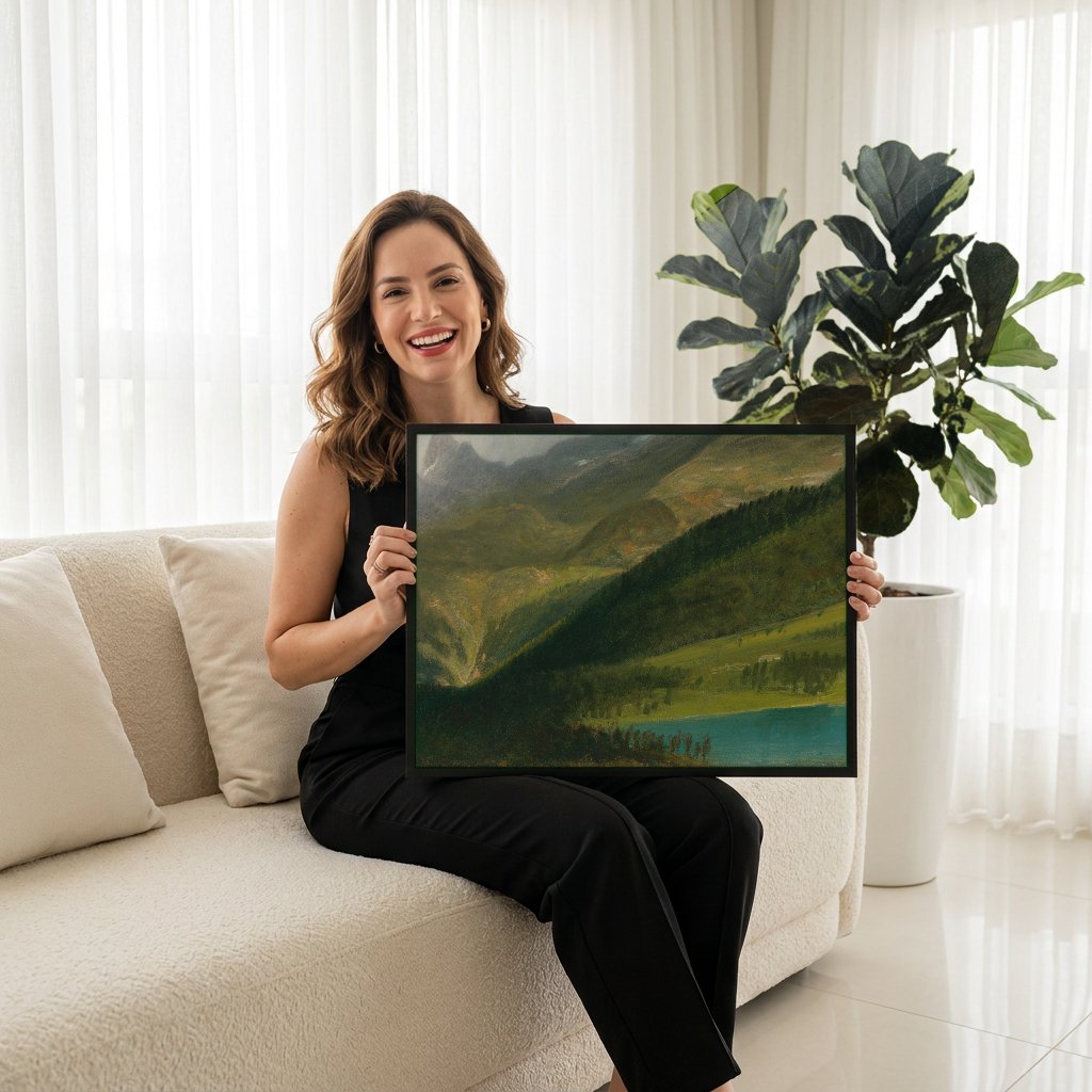 Quadro Decorativo Paisagem Alpina - Bierstadt com modelo em ambiente