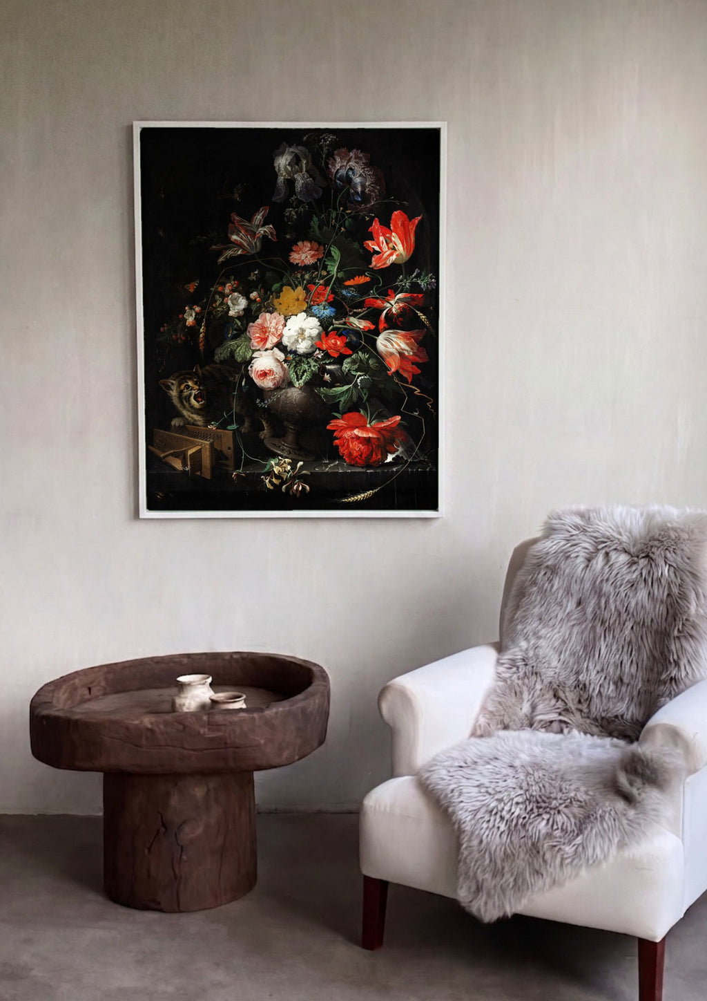 Quadro Decorativo Gato e Natureza-Morta - Abraham Mignon em ambiente decorado