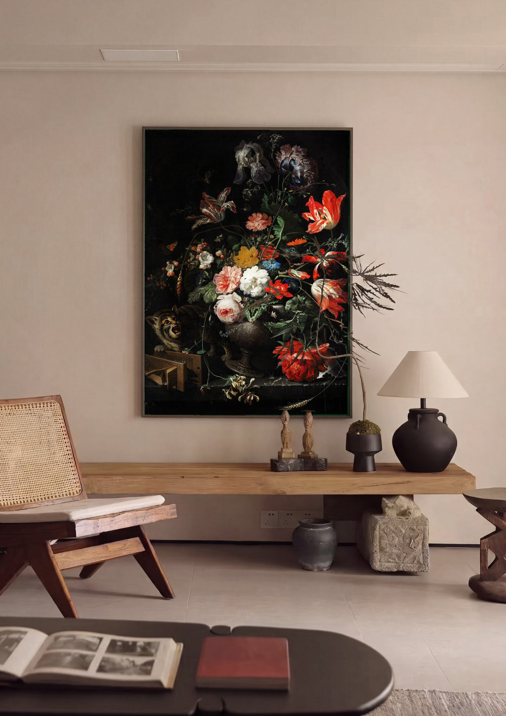 Quadro Decorativo Gato e Natureza-Morta - Abraham Mignon em ambiente decorado