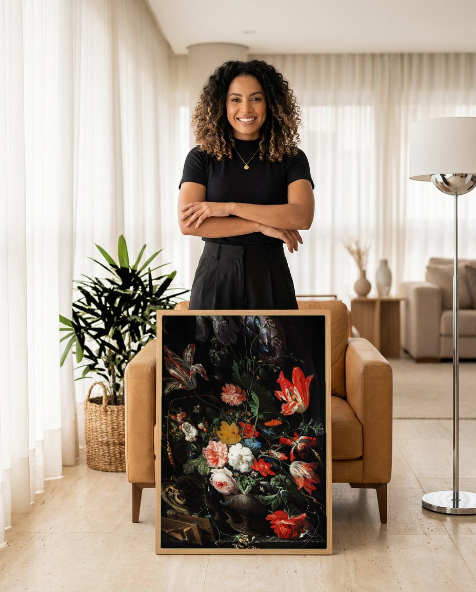 Quadro Decorativo Gato e Natureza-Morta - Abraham Mignon com modelo em ambiente