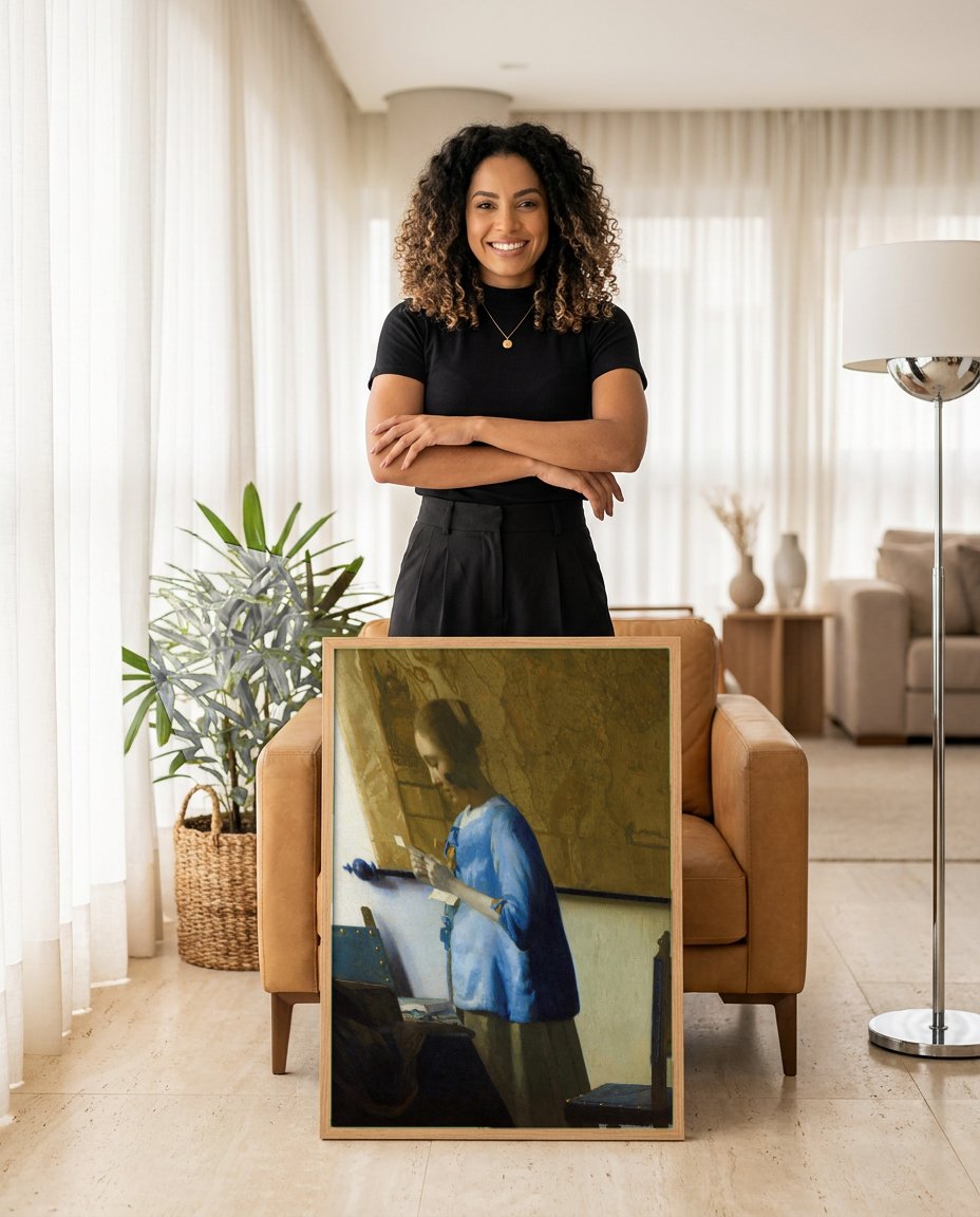 Quadro Decorativo Mulher Lendo uma Carta - Vermeer com modelo em ambiente