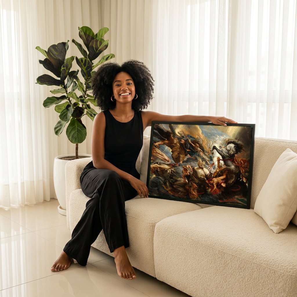 Quadro Decorativo A Queda de Faetonte - Rubens com modelo em ambiente
