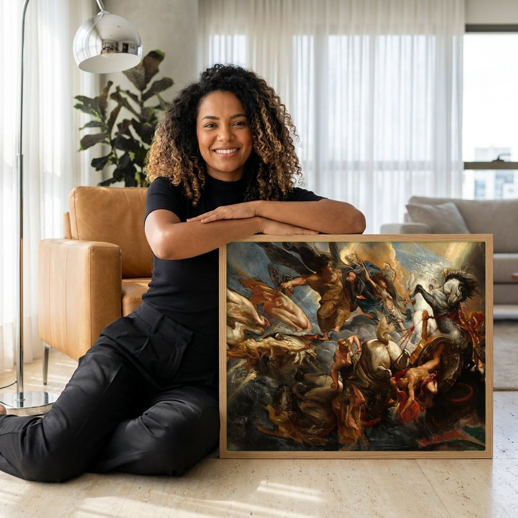 Quadro Decorativo A Queda de Faetonte - Rubens com modelo em ambiente