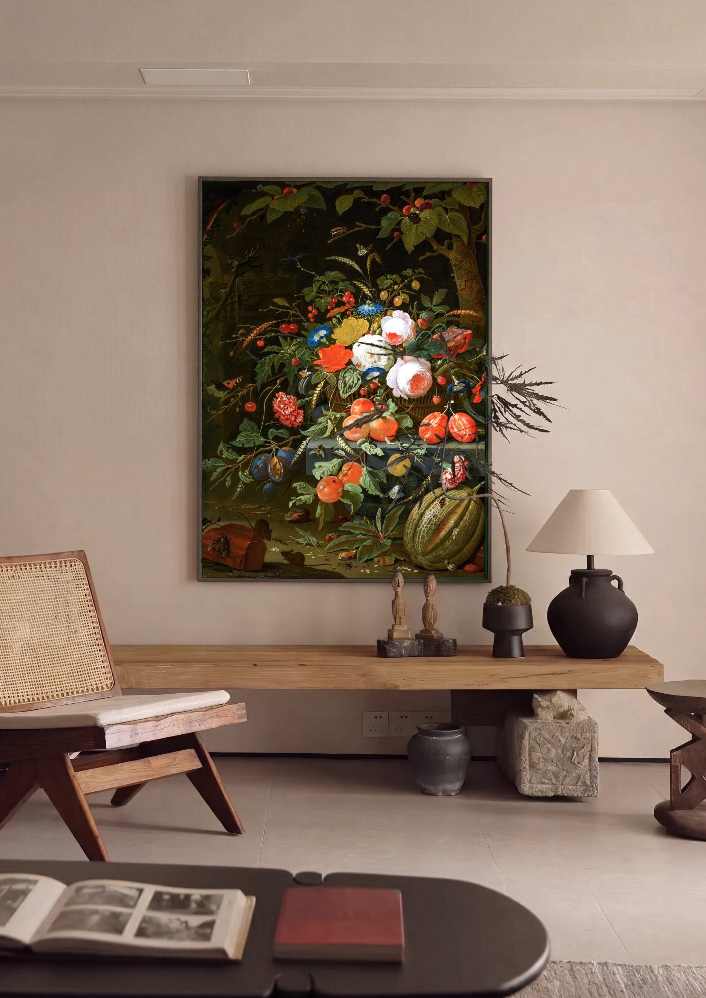 Quadro Decorativo Cesto de Flores e Frutas - Abraham Mignon em ambiente decorado