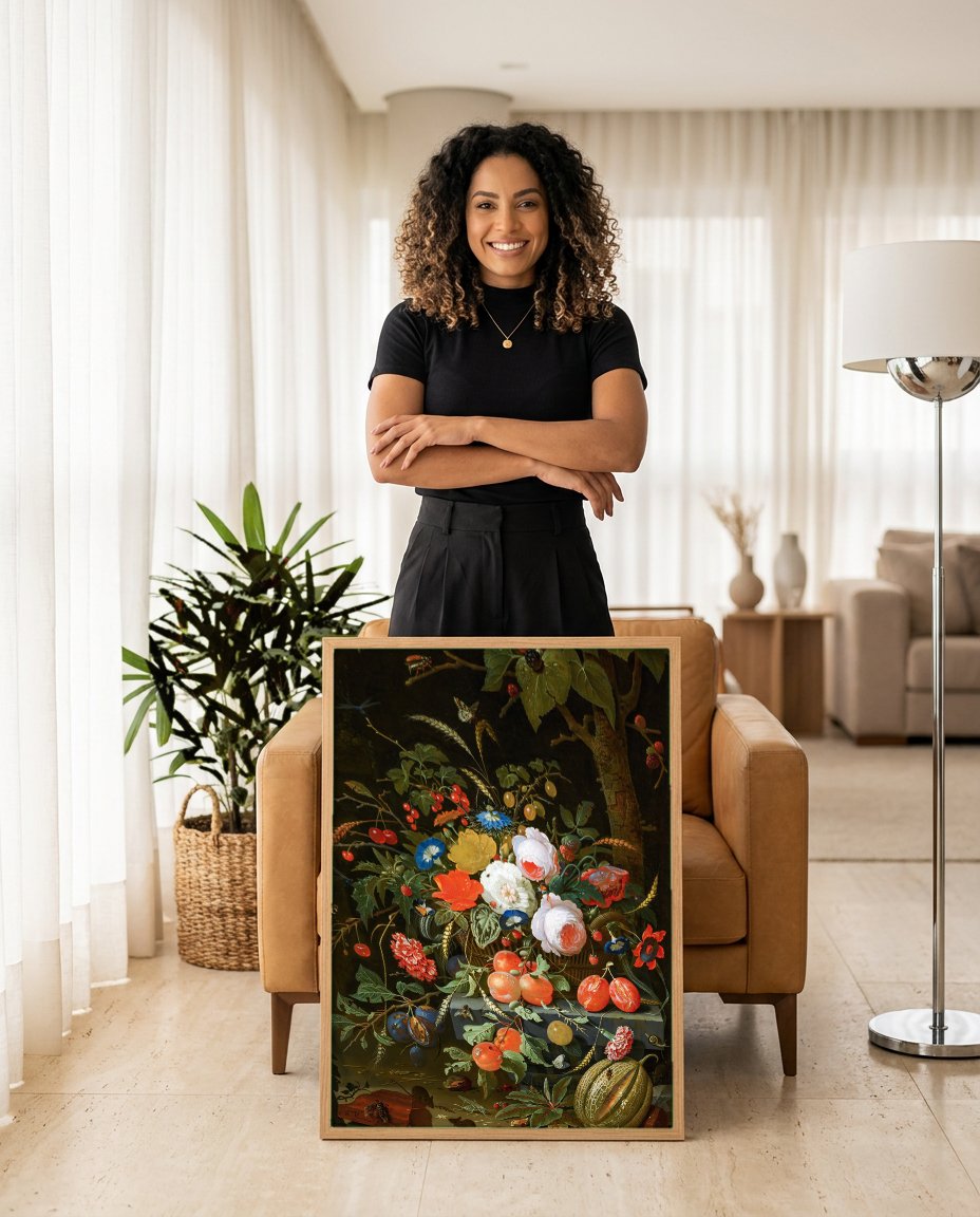 Quadro Decorativo Cesto de Flores e Frutas - Abraham Mignon com modelo em ambiente
