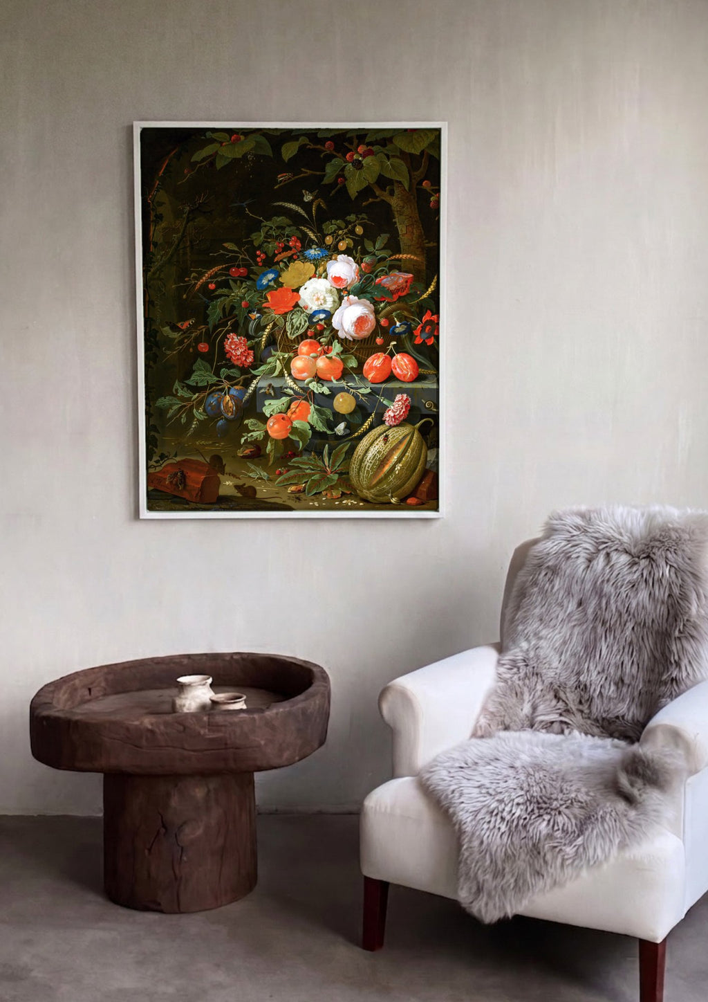 Quadro Decorativo Cesto de Flores e Frutas - Abraham Mignon em ambiente decorado