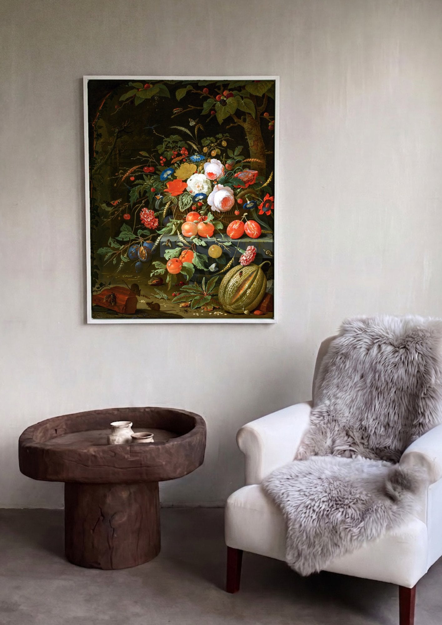 Quadro Decorativo Cesto de Flores e Frutas - Abraham Mignon em ambiente decorado