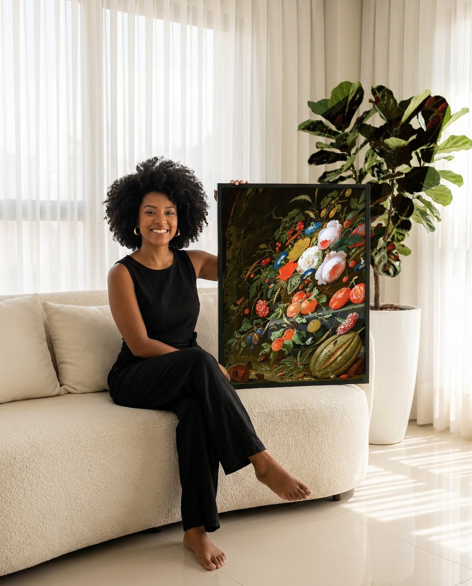 Quadro Decorativo Cesto de Flores e Frutas - Abraham Mignon com modelo em ambiente