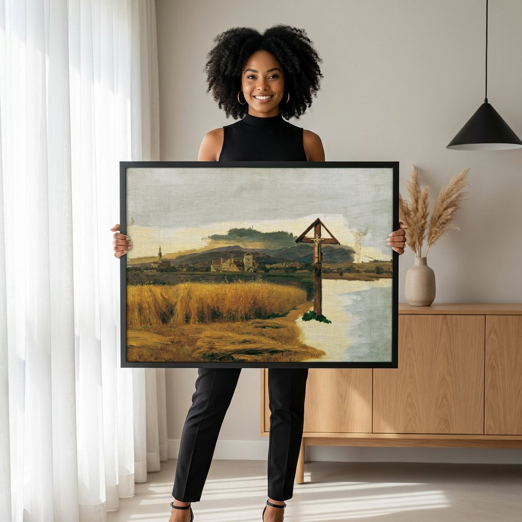 Quadro Decorativo Campo de Trigo e Cruz - Waldmüller com modelo em ambiente