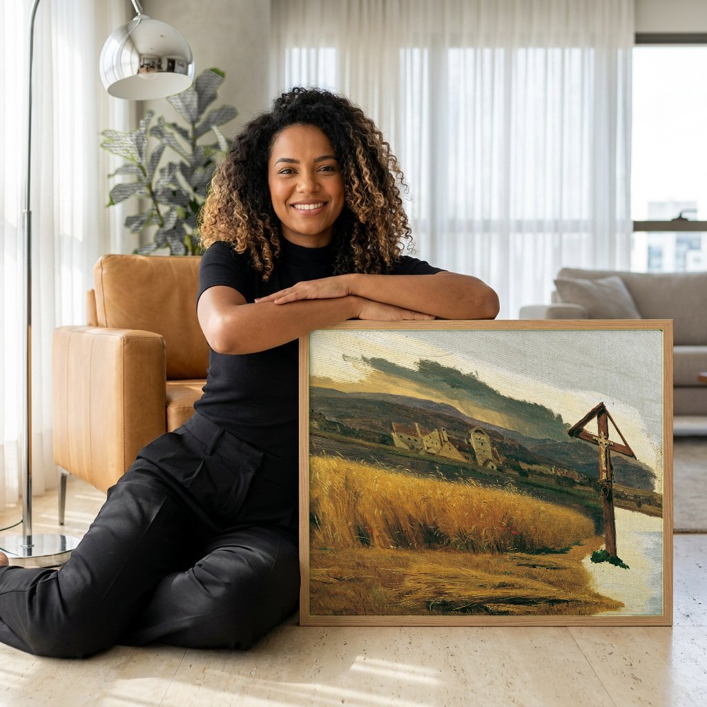 Quadro Decorativo Campo de Trigo e Cruz - Waldmüller com modelo em ambiente