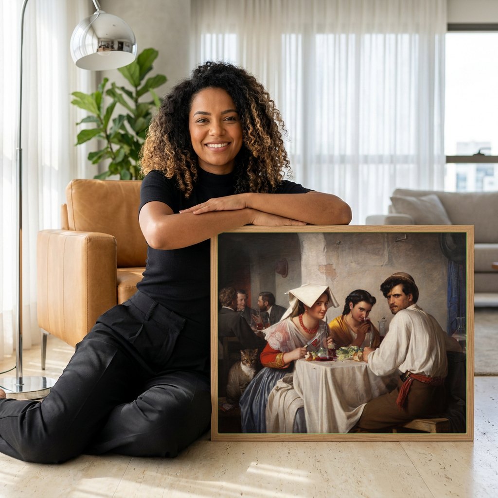 Quadro Decorativo A Cena de Jantar em Ostra Osteria - Carl Bloch | modelo apresentando o quadro emoldurado