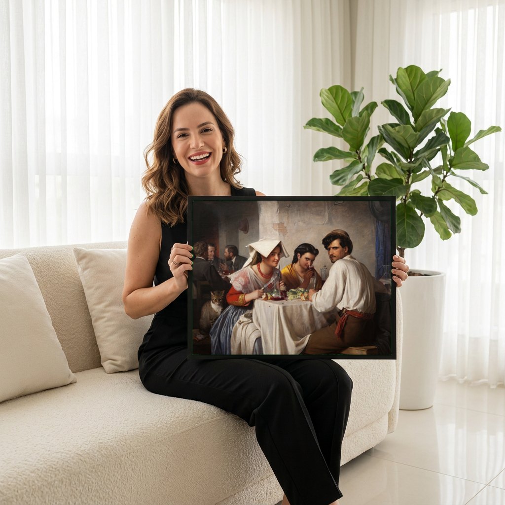Quadro Decorativo A Cena de Jantar em Ostra Osteria - Carl Bloch | modelo apresentando o quadro emoldurado