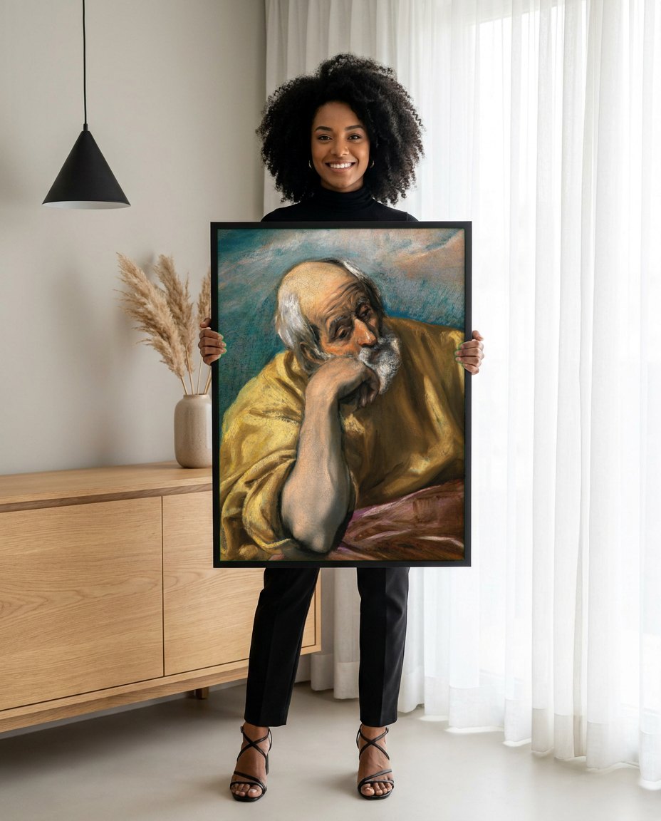 Quadro Decorativo São Pedro em Lágrimas - El Greco | modelo apresentando o quadro emoldurado
