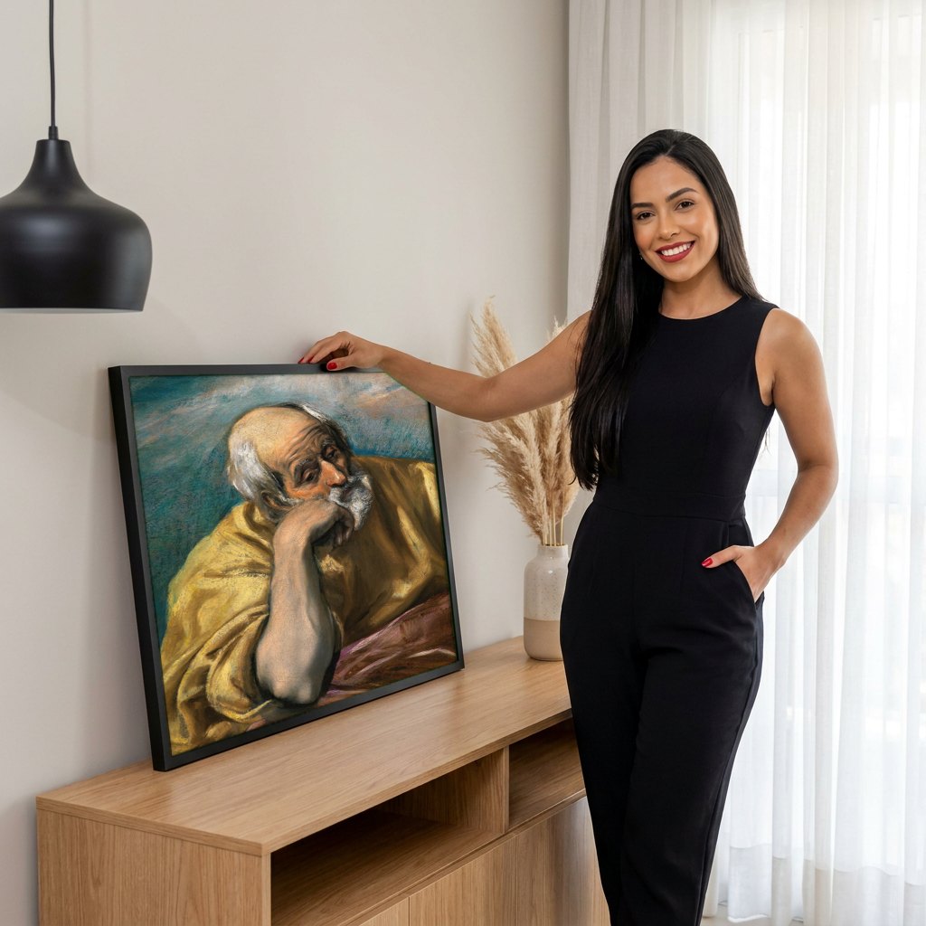 Quadro Decorativo São Pedro em Lágrimas - El Greco | modelo apresentando o quadro emoldurado