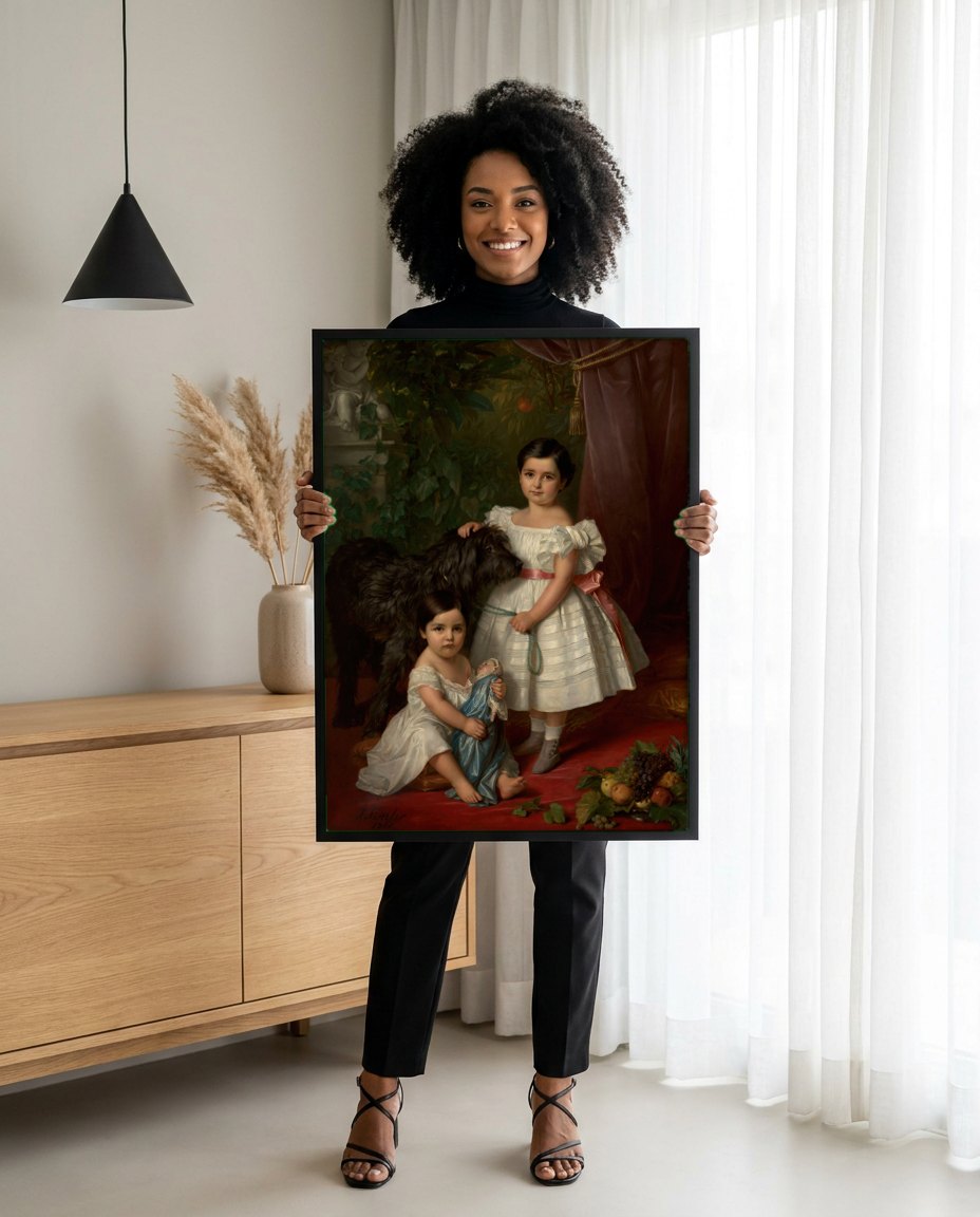 Quadro Decorativo Crianças e Cão – Józef Simmler | modelo apresentando o quadro emoldurado
