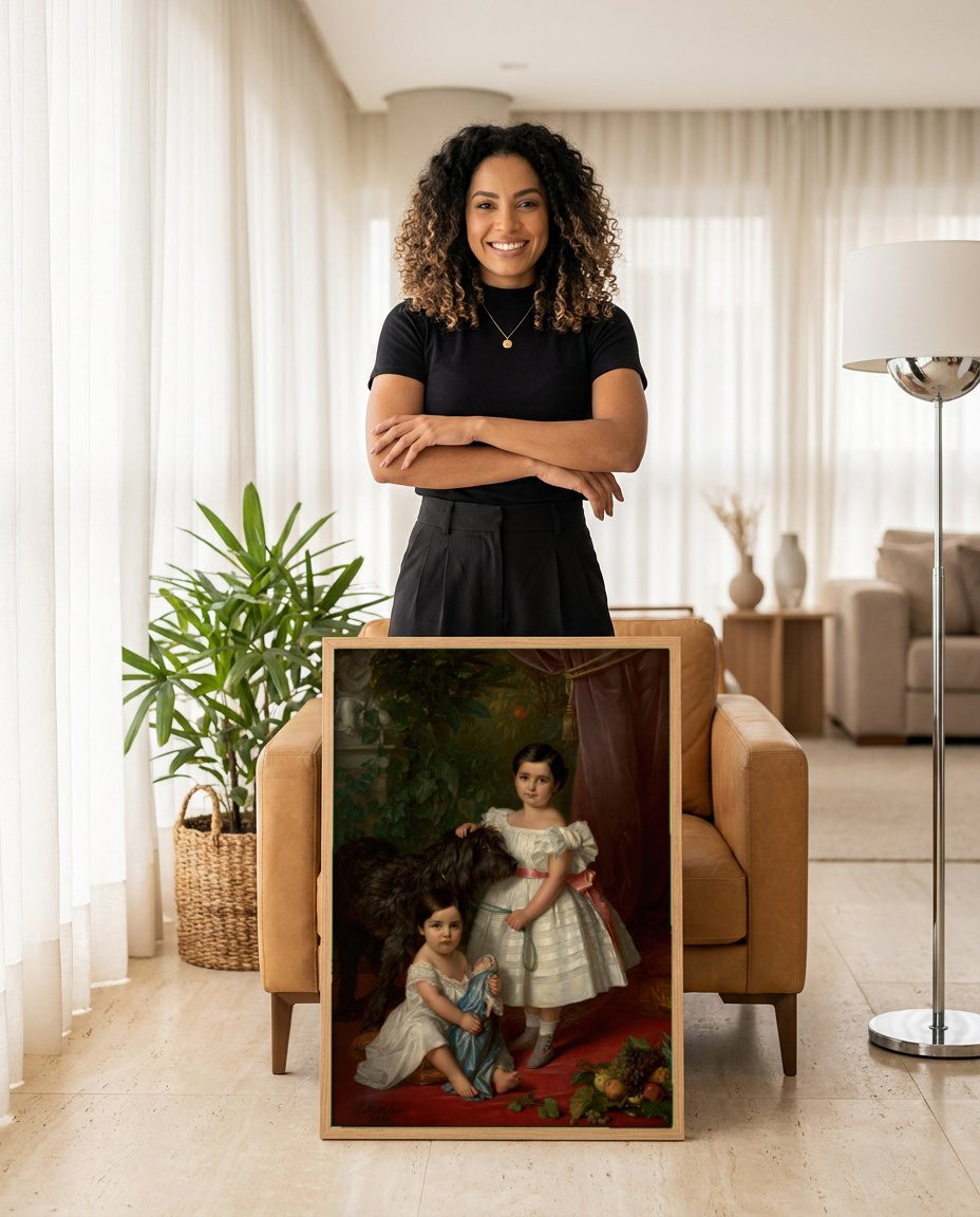 Quadro Decorativo Crianças e Cão – Józef Simmler | modelo apresentando o quadro emoldurado